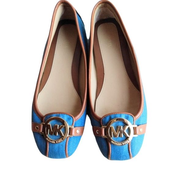 Michael Kors Shoes - Michael Kors Fulton Washed Denim Fabric Goldtone Logo Flats Blue & Tan Size 7.5M